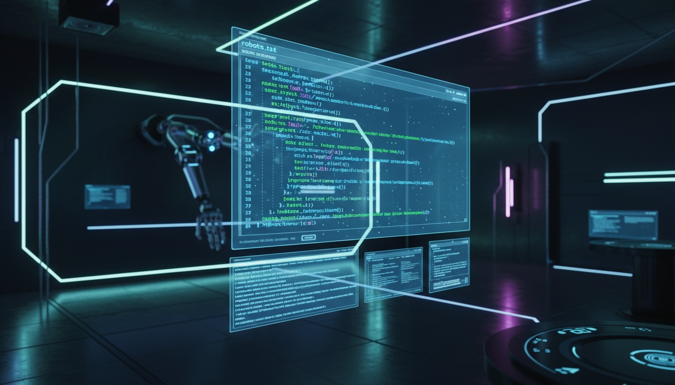 Professional screenshot of a code editor displaying robots.txt file syntax with highlighted commands, clean interface, dark theme, syntax highlighting in blue and green colors, high resolution monitor display, sharp text rendering, modern development environment