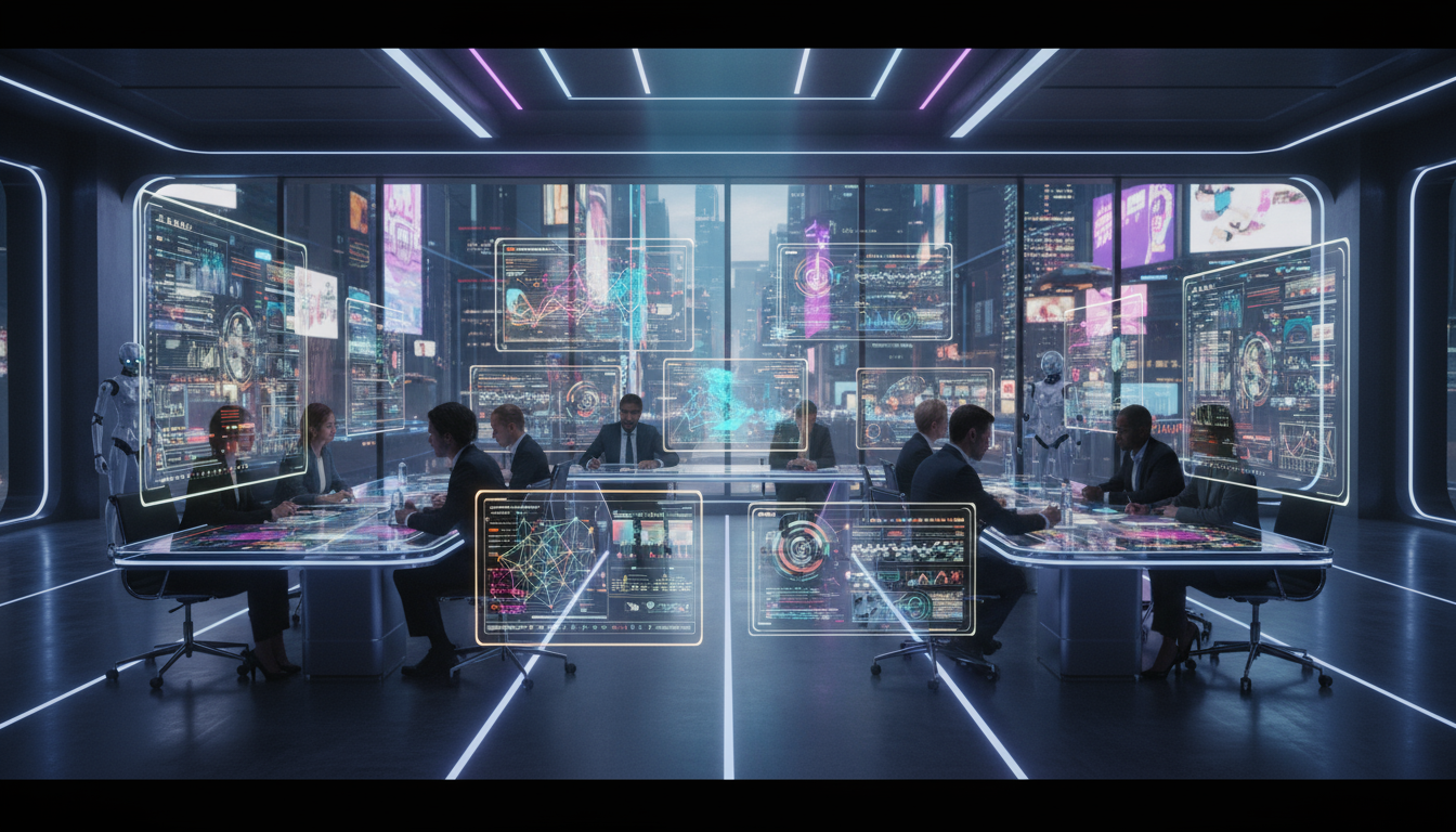 Modern marketing office workspace with multiple computer screens displaying AI analytics dashboards, colorful data visualizations, diverse marketing team collaborating, bright natural window lighting, contemporary interior design, shot with professional DSLR camera, high resolution, realistic business photography