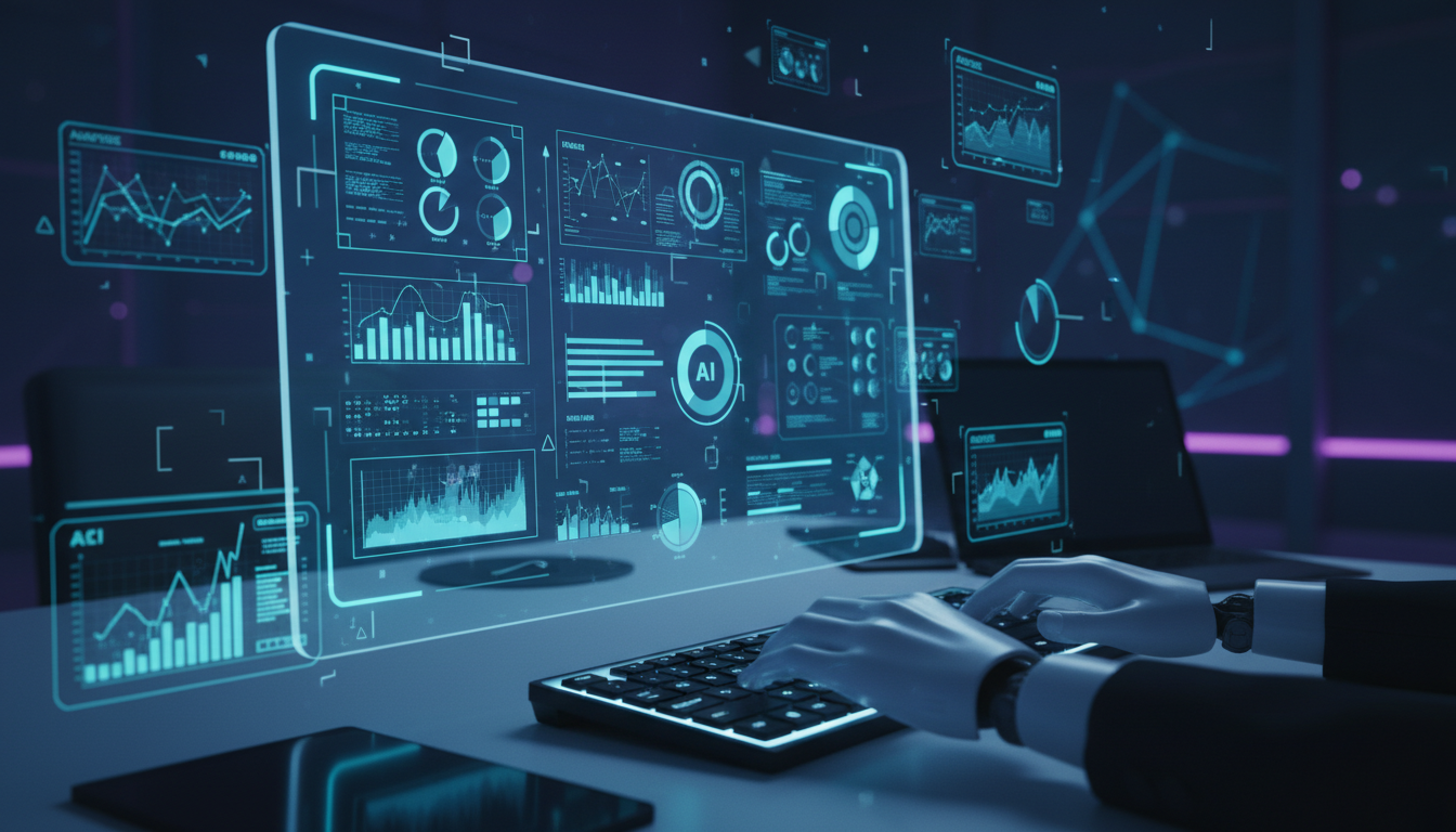 Professional dashboard interface showing AI analytics metrics, colorful graphs and charts on modern computer screen, clean minimalist design, soft blue lighting, close-up shot of hands typing on keyboard, high-tech office environment, shot with mirrorless camera, ultra-sharp focus, 4K quality