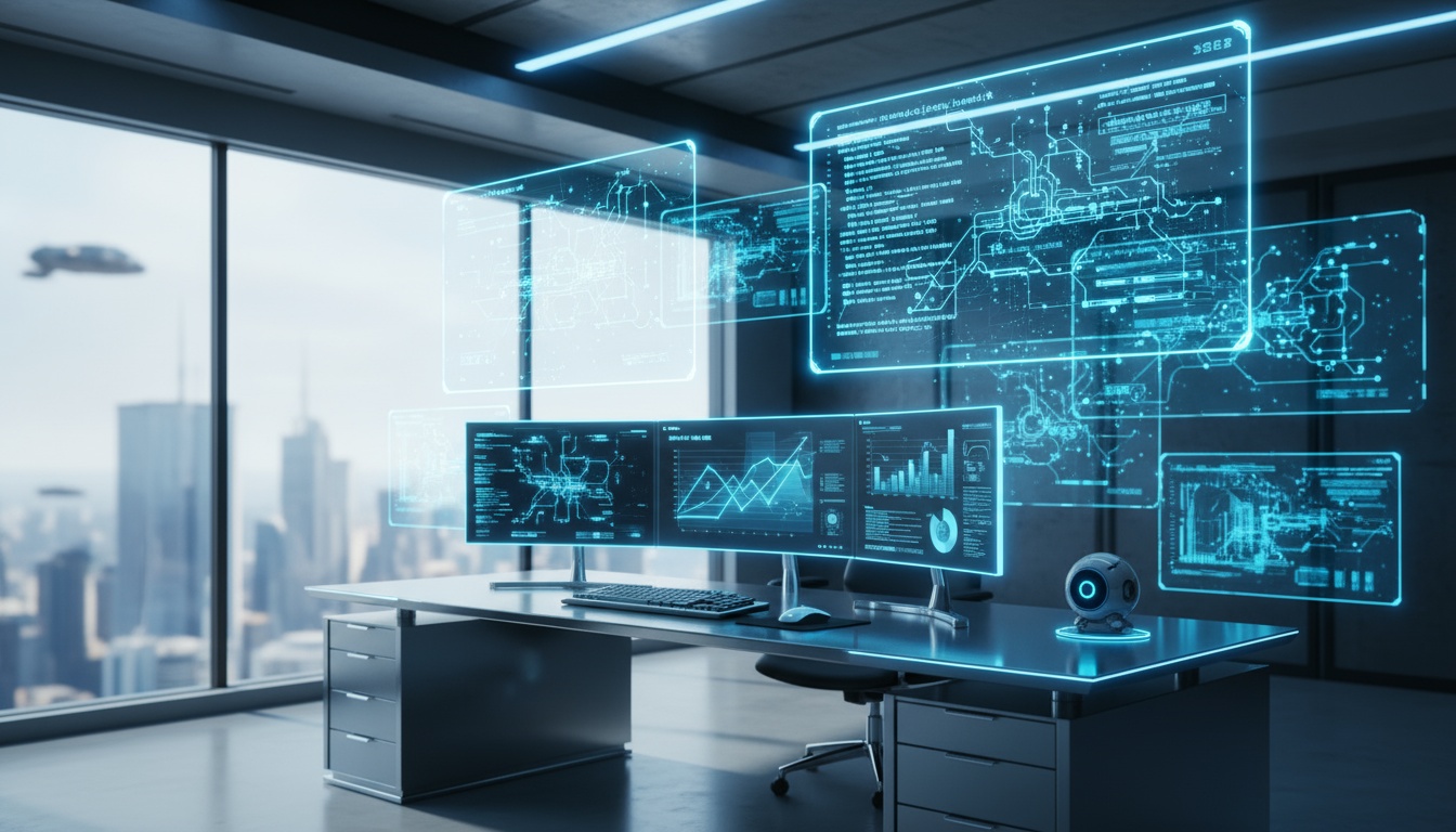 Professional photo of a modern office workspace with multiple monitors showing SEO analytics and robots.txt configuration, natural daylight from window, clean desk setup, DSLR camera shot, shallow depth of field, high resolution, realistic business environment