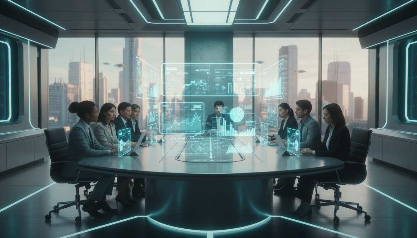 Creative marketing team meeting with AI technology integration, diverse professionals discussing around conference table with tablets and laptops, futuristic holographic displays showing marketing metrics, bright modern office with glass walls, natural daylight mixed with accent lighting, shot with professional cinema camera, 8K resolution
