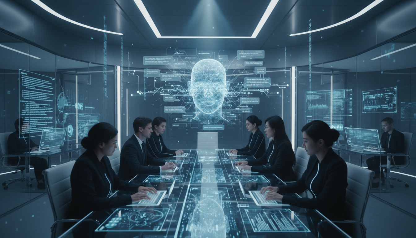 conversational AI im modernen Office-Teams Diverse Team im modernen Büro analysiert conversational AI Chatbot-Interfaces auf mehreren Bildschirmen