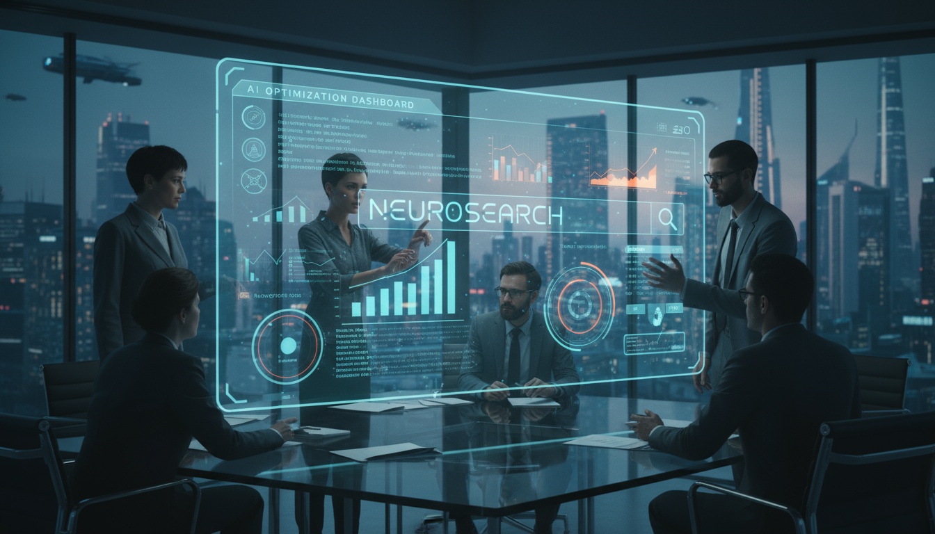 Modernes Team prüft AI-generierte Suchergebnisse auf großem Display; Google AI Overviews mit Grafiken, Metriken.