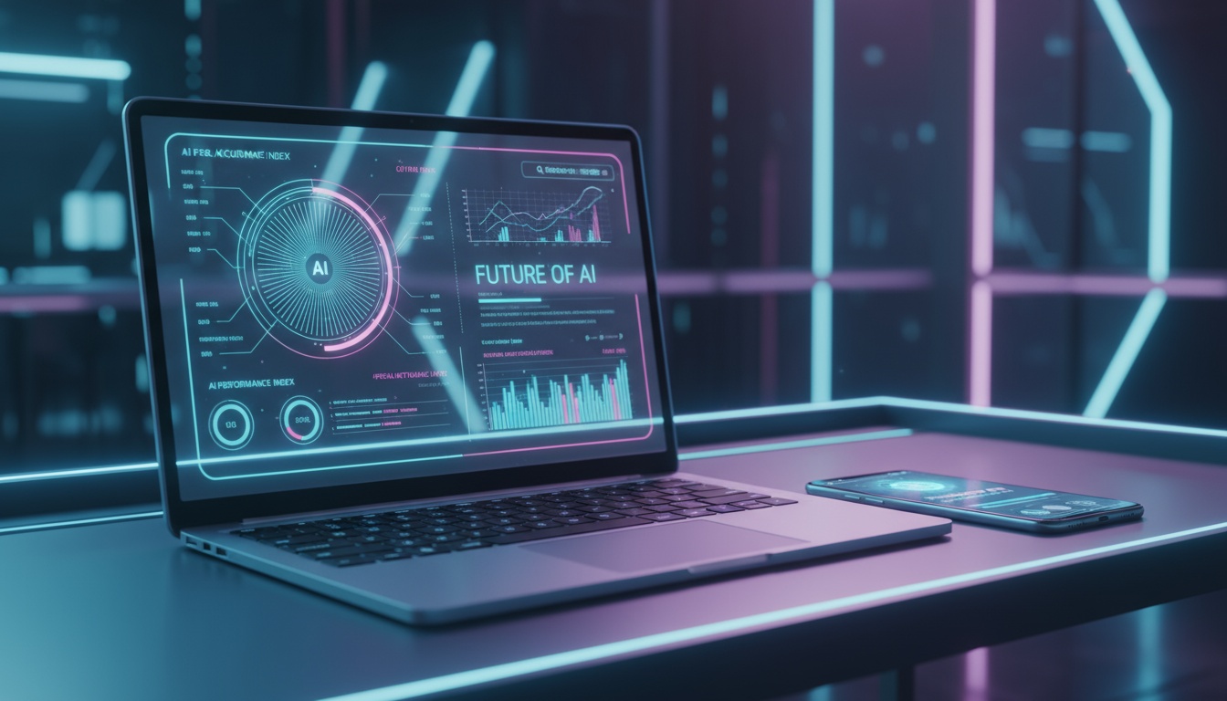 Laptop mit Google AI Overviews Dashboard, Zitationsmetriken und Performance-Grafiken, Smartphone daneben