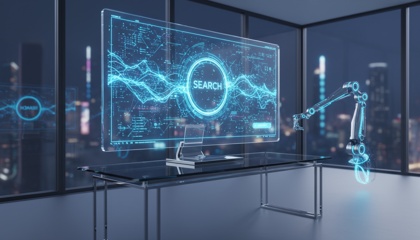 Realistisches Foto eines modernen Schreibtischs mit Monitor, der Google AI Overviews zeigt