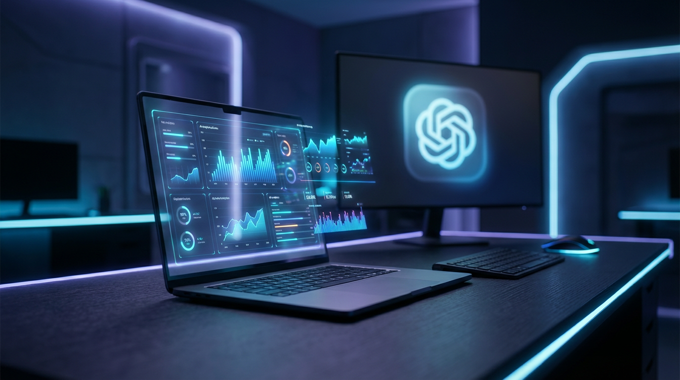 KI Sichtbarkeit für Unternehmen: Dashboard-Analyse Nahaufnahme eines Laptops mit KI Sichtbarkeit für Unternehmen Dashboard, Graphen, Metriken und ChatGPT-Logo im modernen Büro.