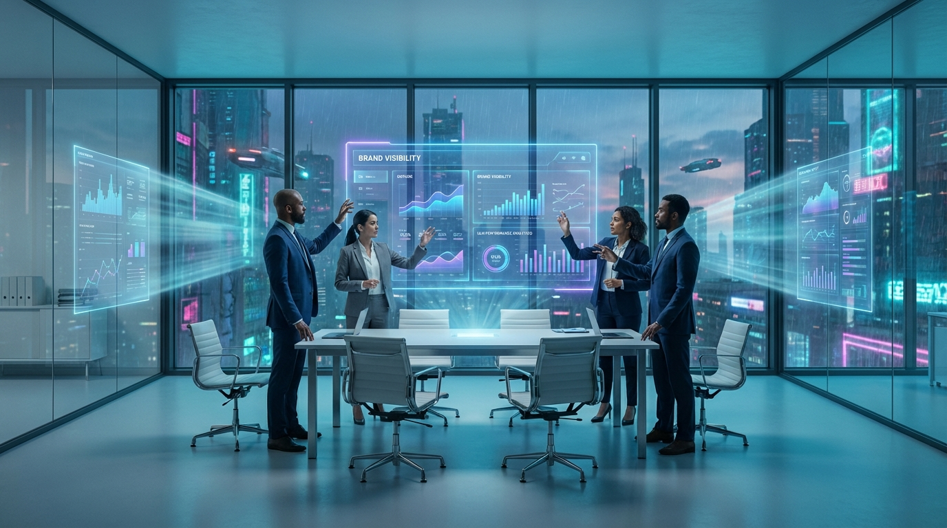 KI Sichtbarkeit für Unternehmen: Team analysiert Dashboard Team in modernem Büro analysiert KI-Analytics-Dashboard zur KI Sichtbarkeit für Unternehmen mit Markenmetriken