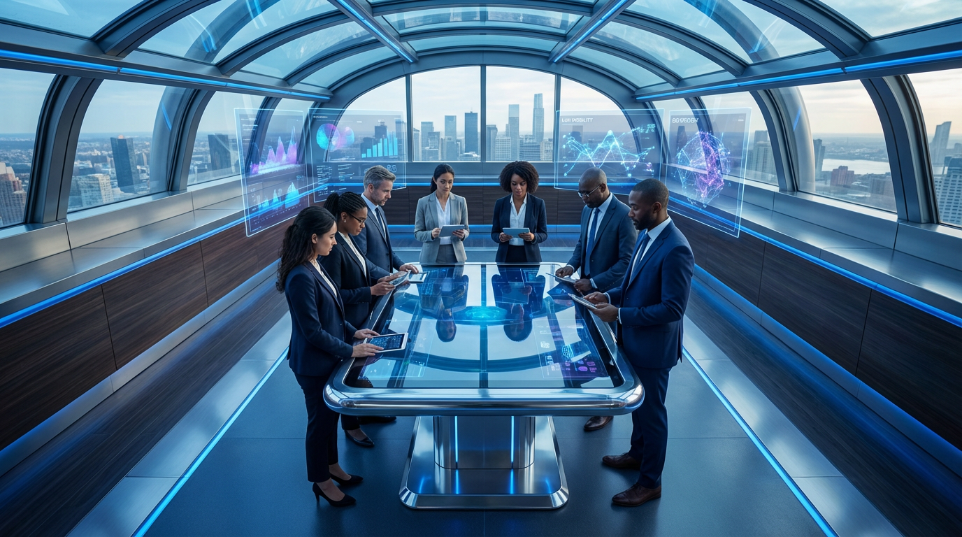 KI Sichtbarkeit für Unternehmen: Team analysiert LLM-Daten Diverse Business-Team analysiert LLM-Reports am Konferenztisch, mit Fokus auf KI Sichtbarkeit für Unternehmen