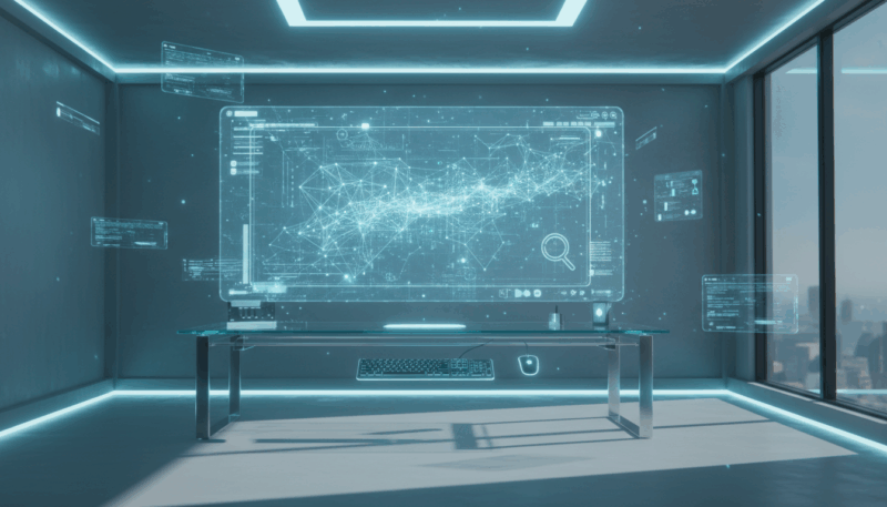 Modernes Büro mit großem Bildschirm, der eine LLM Suchmaschinen-AI-Suche mit Chat-Ergebnissen zeigt.