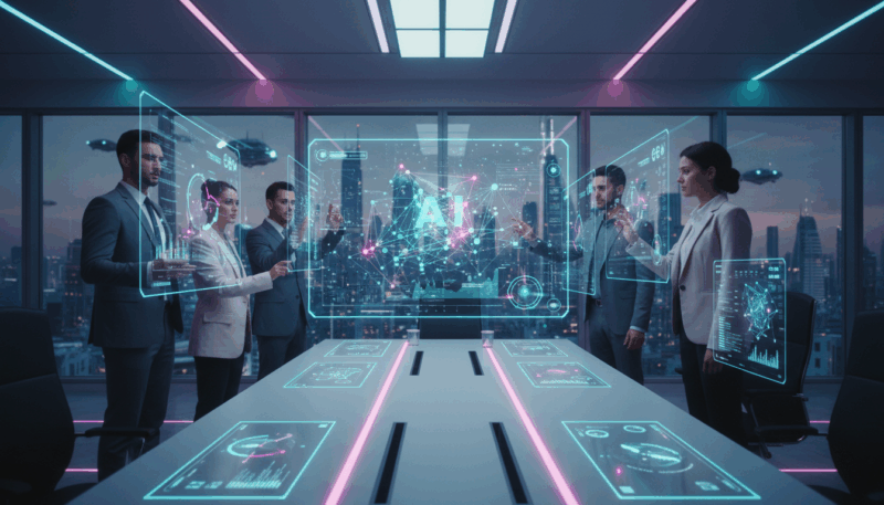 Marketing-Team analysiert auf großem Bildschirm LLM Suchmaschinen-Metriken, Diagramme und Sichtbarkeitsdaten