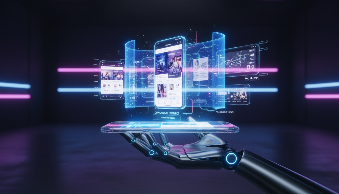 Modernes omnichannel marketing: Nahtlose Shopping-Erfahrung Modernes Smartphone zeigt nahtlose omnichannel marketing-Integration mit App, Website und Laden im Split-Screen