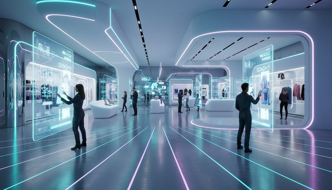 Omnichannel Marketing im futuristischen Retail-Store Futuristisches Retail-Interior mit AR-Displays, Touchscreens und Kunden, die Smartphones fürs omnichannel marketing nutzen.