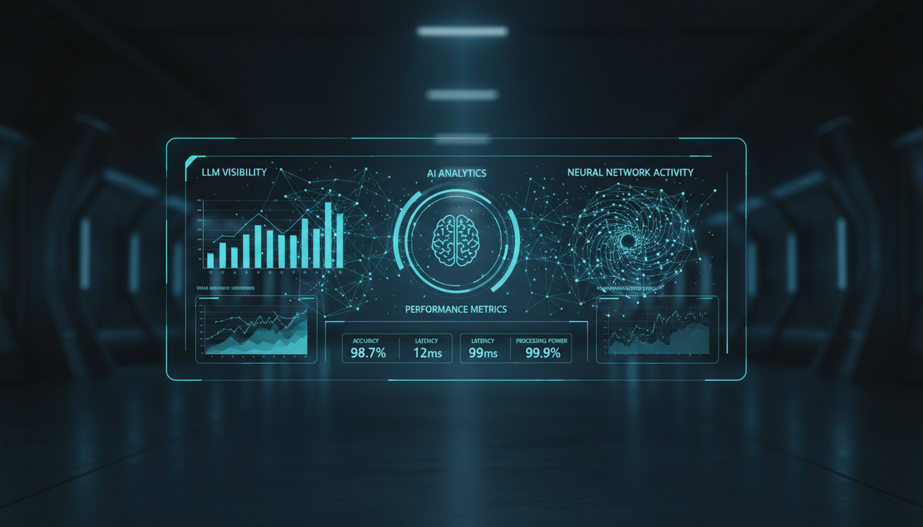 Nahaufnahme eines Dashboards mit KI-Leistungsmetriken und LLM-Analysen, ideal für einen prompt engineering guide