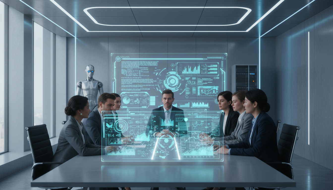 Diverse Marketinggruppe prüft AI-Content auf großem Bildschirm, prompt engineering guide im Fokus, professionelle Besprechung.