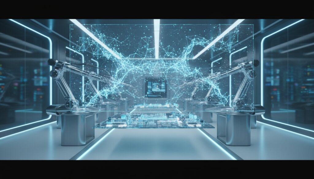 A futuristic high-tech laboratory scene with holographic AI neural network visualizations floating in mid-air, sleek robotic arms working on advanced circuit boards, glowing blue and cyan accent lights, clean minimalist composition with generous negative space on sides, shallow depth of field, cinematic sci-fi atmosphere, chrome and glass materials, shot with professional camera 35mm lens, 16:9 landscape format, no text or typography visible, ultra-modern aesthetic, premium technology magazine style