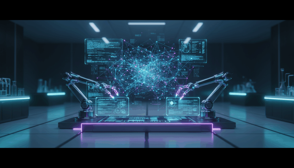 A futuristic high-tech laboratory scene with holographic AI neural network visualizations floating in mid-air, sleek robotic arms working on transparent digital interfaces, cool blue and cyan lighting with purple accents, clean minimalistic composition with generous negative space on sides, ultra-modern sci-fi aesthetic, glossy metallic surfaces, shallow depth of field, cinematic lighting, professional photography style, 16:9 landscape format, horizontal composition, no text or typography visible anywhere