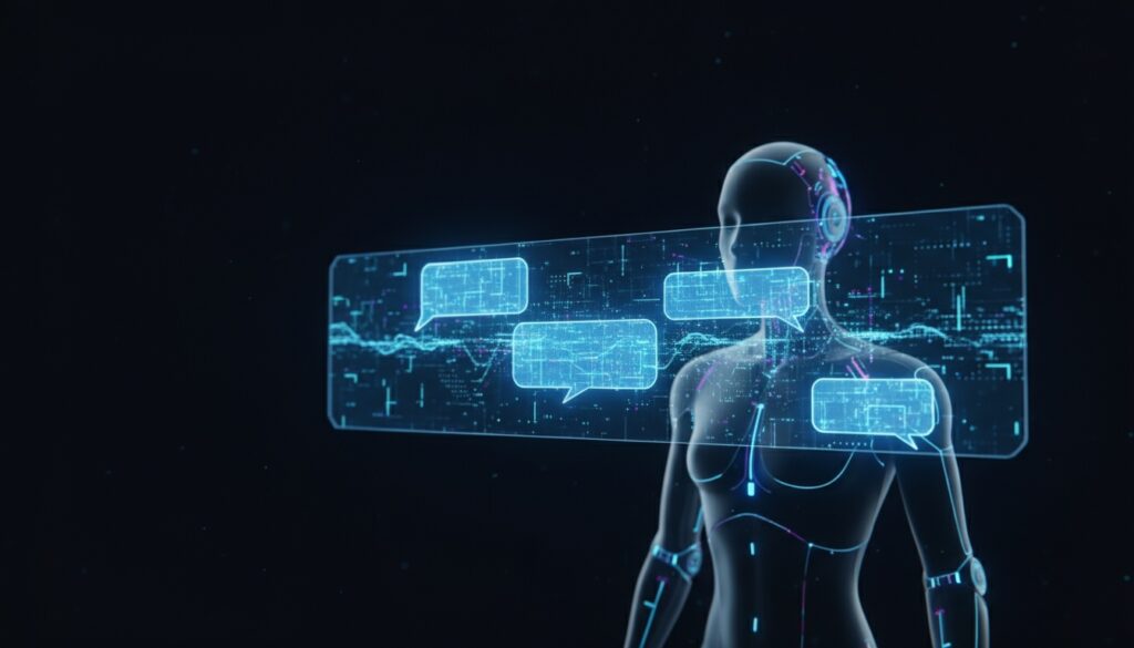Holographisches Chat-Interface in dunklem Raum, leuchtende Blautöne, conversational AI und Roboter-Silhouette