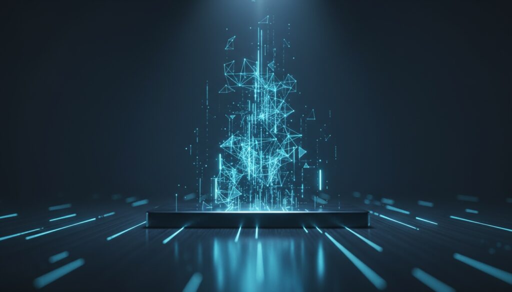 Futuristische, holographische Darstellung mit cyan-blauen Datenströmen und schwebenden Netzwerkknoten — Google AI Overviews.