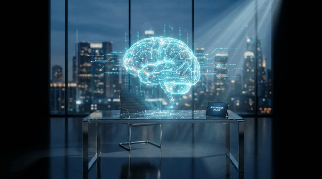 Holografische AI über Schreibtisch in Glasbüro, dramatische Beleuchtung – KI Sichtbarkeit für Unternehmen betont.