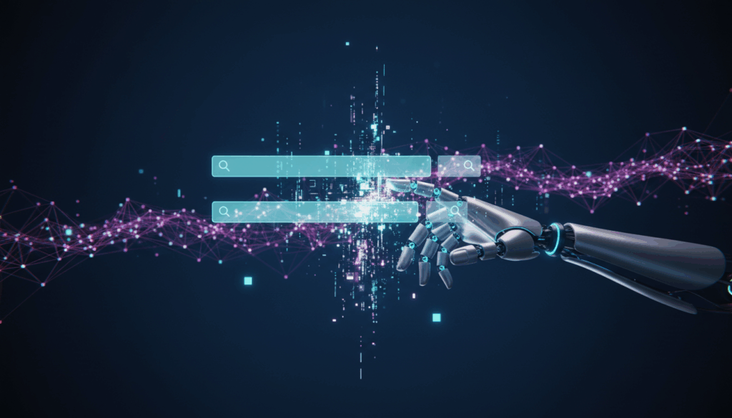 3D-Rendering einer AI-Suchoberfläche mit LLM Suchmaschinen, holografischen Suchleisten, leuchtenden Datenströmen und Roboterarm.