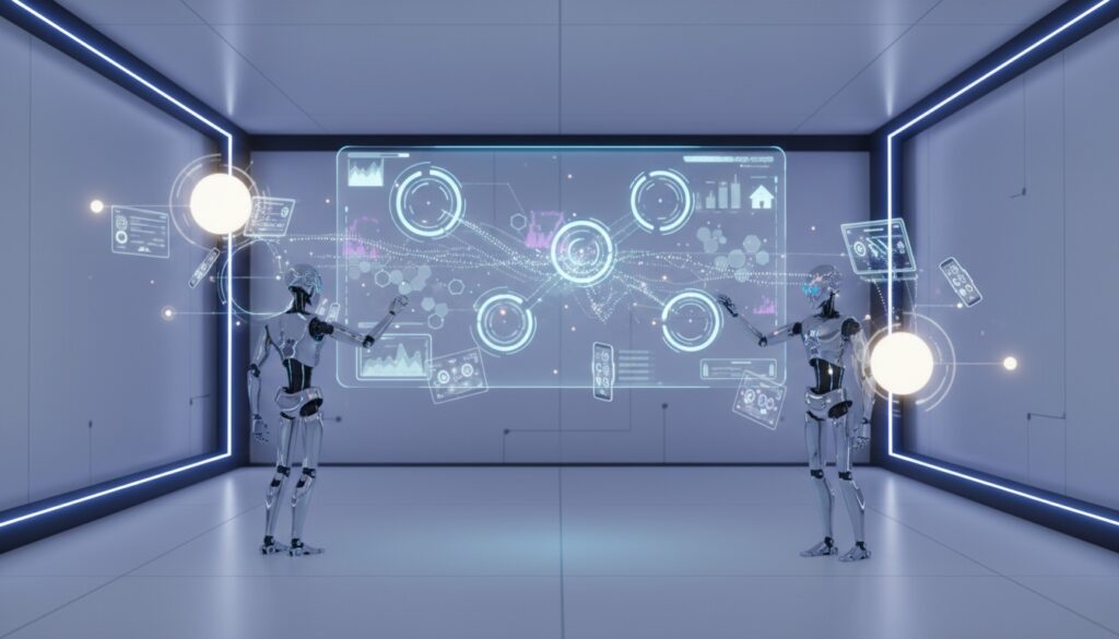 Futuristisches 3D-Rendering: holographisches Interface und KI-Roboter verbinden Touchpoints für omnichannel marketing.