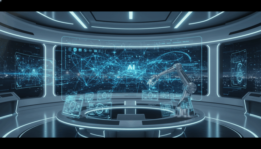 Futuristisches Kommandozentrum mit holografischen KI-Netzwerken und Roboterarm, prompt engineering guide Fokus