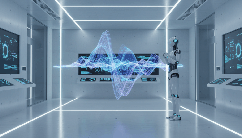 Holographische Schallwelle über glänzender Oberfläche, humanoider KI-Roboter hört zu – Bild zur voice search optimization.