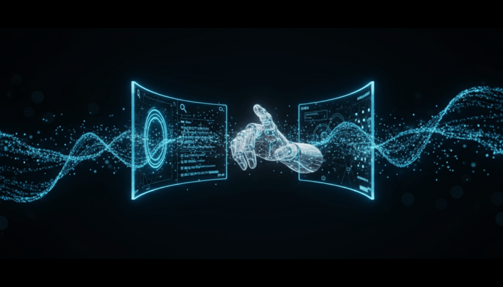 Futuristische digitale Suche: holografische Bildschirme zerfallen zu Partikeln, symbolisiert zero click searches.