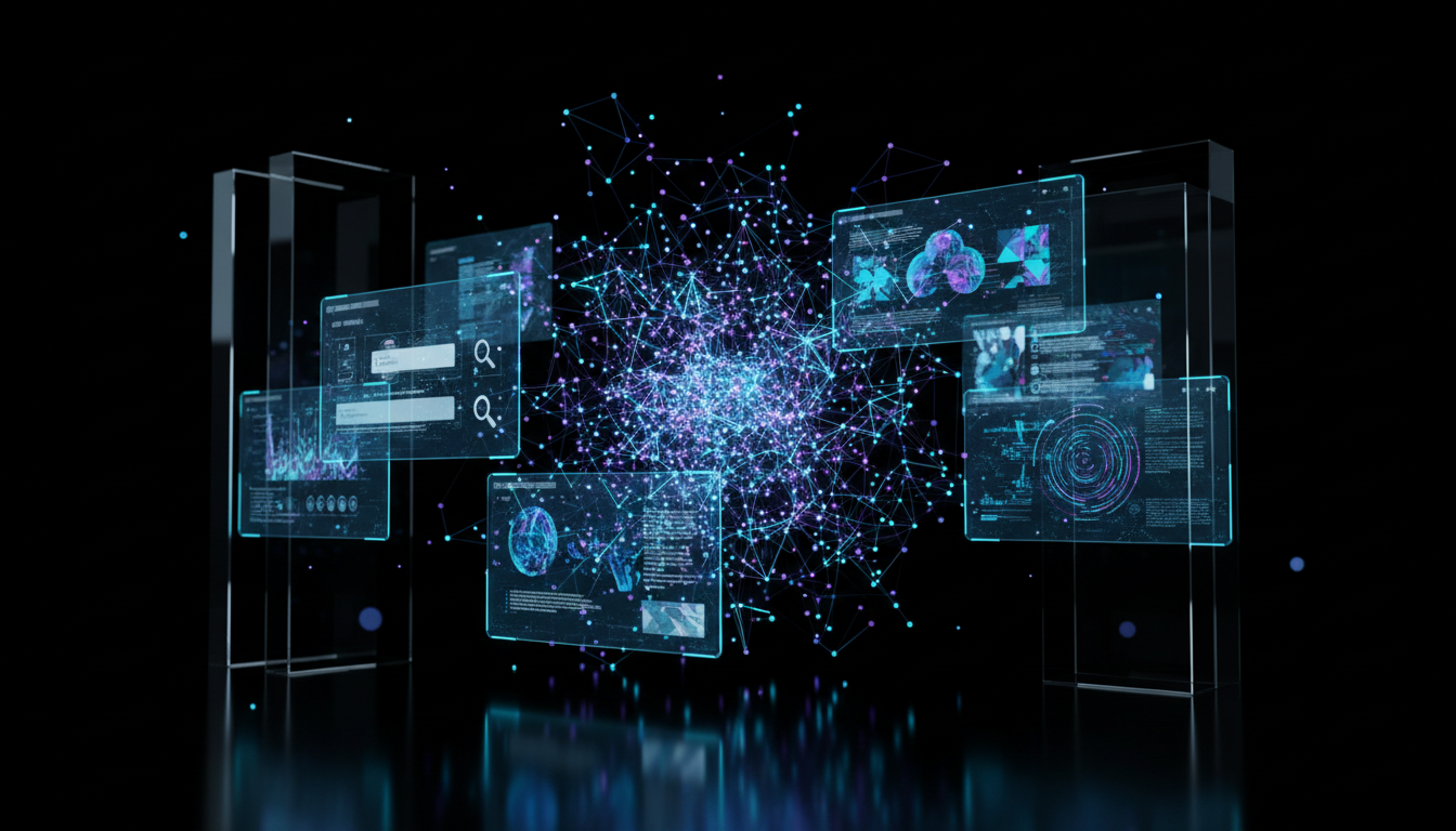 CGI-Render: vernetzte neuronale Netze mit holografischen Suchergebnissen und zero click searches durch KI