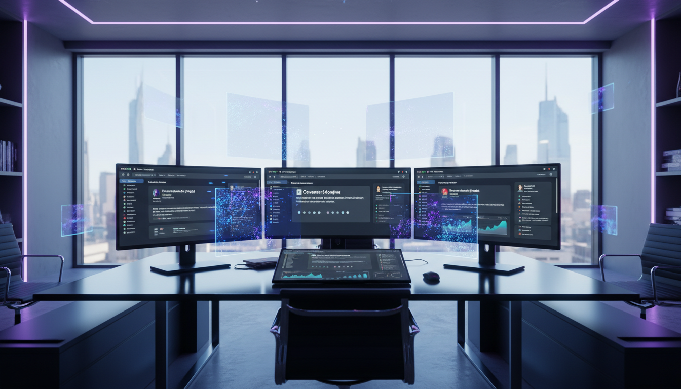 Moderner Digital-Marketing-Arbeitsplatz mit mehreren Bildschirmen, die zero click searches und SERP-Features anzeigen.