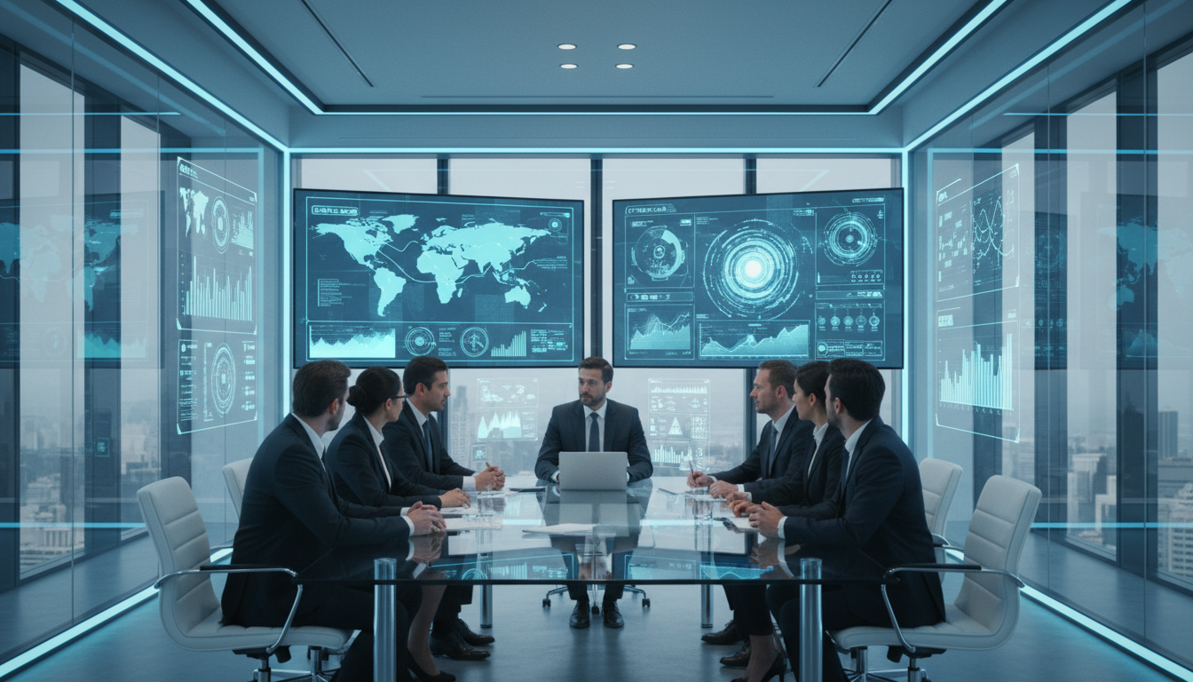 Marketingteam analysiert SEO- und GEO-Metriken auf Monitoren, diskutiert zero click searches im modernen Konferenzraum