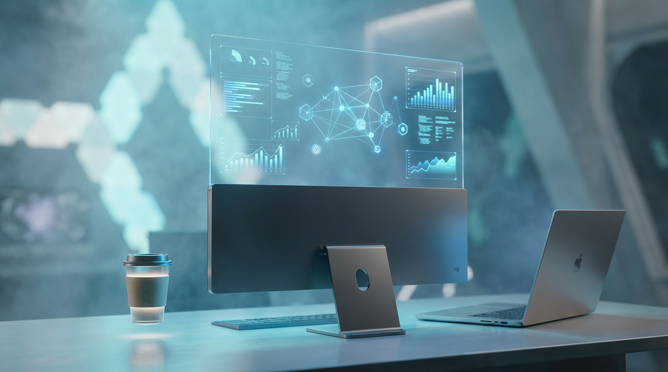 ChatGPT für StartUps: Dashboard-Analytics im Blick Moderner Monitor zeigt ChatGPT für StartUps Sichtbarkeits-Analytics auf Dashboard, Notebook und Kaffee daneben