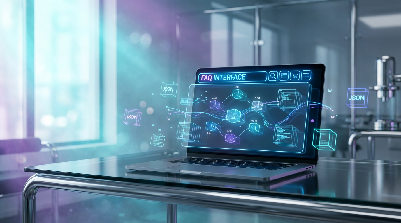 ChatGPT für StartUps: FAQ & Schema für Webseiten Nahaufnahme eines Laptopbildschirms mit FAQ-Abschnitten und Schema-Code im Fokus – ChatGPT für StartUps im Arbeitsumfeld