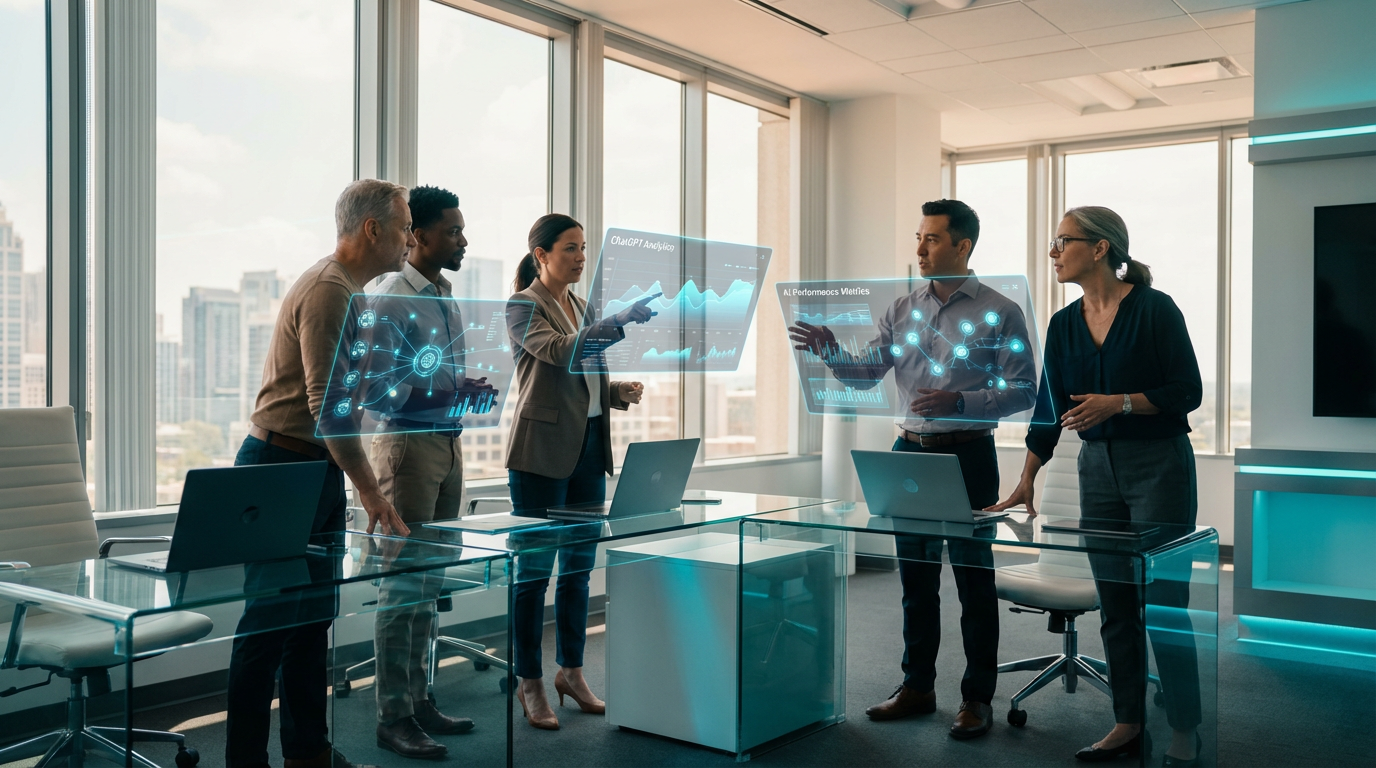 ChatGPT für StartUps: Sichtbarkeitsdaten im Team Diverse Startup-Crew analysiert ChatGPT für StartUps Sichtbarkeitsmetriken auf mehreren Bildschirmen im modernen Büro