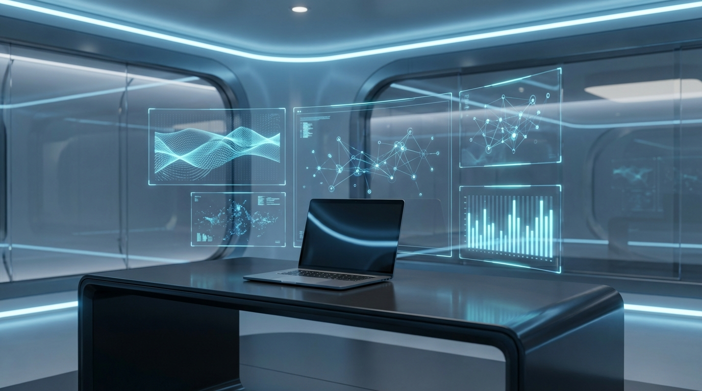 Professionelles Marketing-Dashboard mit Laptop, Traffic- und AI-Metriken im Büro — ChatGPT vs. Google Vergleich