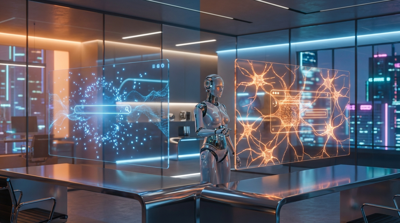 Split-Screen Foto zeigt ChatGPT vs. Google auf Laptop, Geschäftsanalyst vergleicht Ergebnisse im Büro