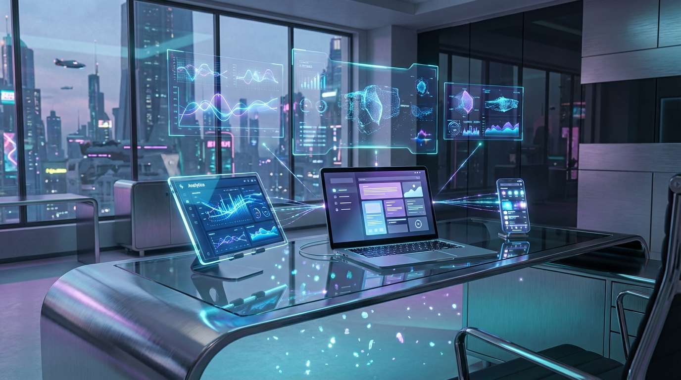 Moderner Digital-Workspace: von KI erkannt werden Moderner Arbeitsplatz mit Laptop, Tablet und Smartphone, Content-Updates in Echtzeit, von KI erkannt werden.