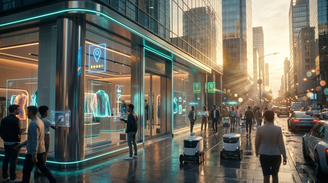 Urbanes Ladengeschäft mit klarer Beschilderung und Passanten bei goldener Stunde, Geo-Optimierung sichtbar