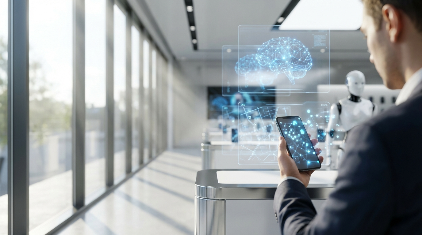 Professionelles Foto eines modernen Retailstores mit interaktiven Displays und Smartphone-Nutzer — Geo-Optimierung sichtbar.