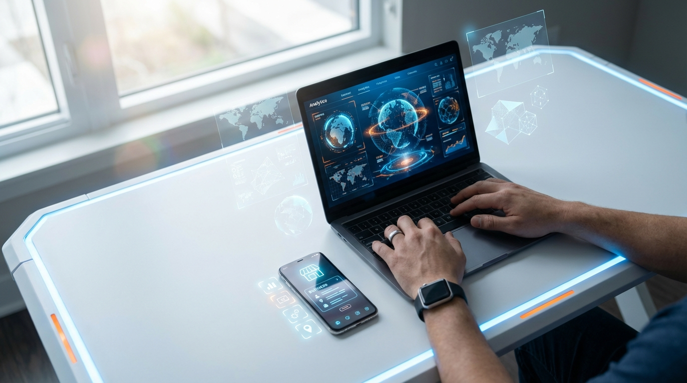 Überblick eines Kleinunternehmers am Laptop mit Analytics-Dashboard und Smartphone, Fokus Geo-Optimierung.