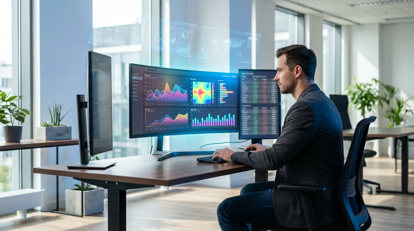 KI Sichtbarkeit Don'ts: Dashboard-Fehler und Fallen vermeiden Analyst prüft KI Sichtbarkeit Don'ts auf ultrabreitem Monitor mit LLM-Grafiken und Sichtbarkeitsmetriken