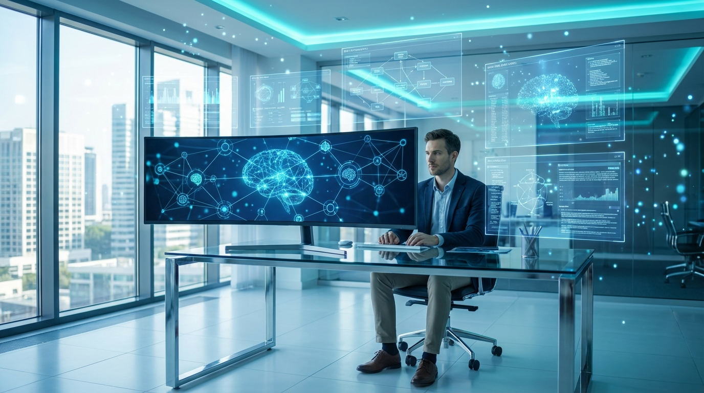 KI Sichtbarkeit Don'ts: Fehler vermeiden im Knowledge Graph Datenanalyst vor Monitoren, Knowledge Graph auf großem Bildschirm – KI Sichtbarkeit Don'ts visualisiert im modernen Büro.