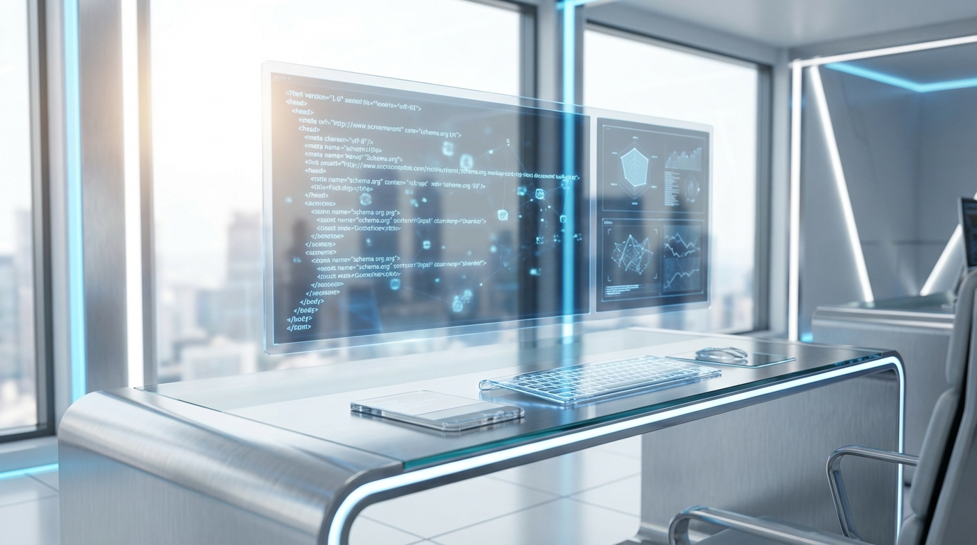 KI Sichtbarkeit Don'ts: Schema.org & strukturierte Daten Professioneller Entwicklerarbeitsplatz zeigt Schema.org-Markup und Testtools, KI Sichtbarkeit Don'ts erklärt