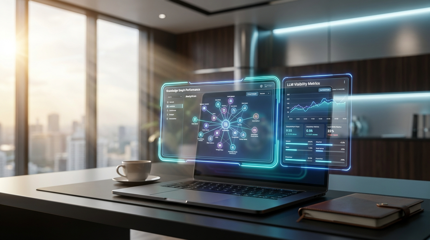 Laptop mit LLM Knowledge Graphs Dashboard zeigt Sichtbarkeits- und Performance-Metriken auf modernem Schreibtisch mit Kaffee.