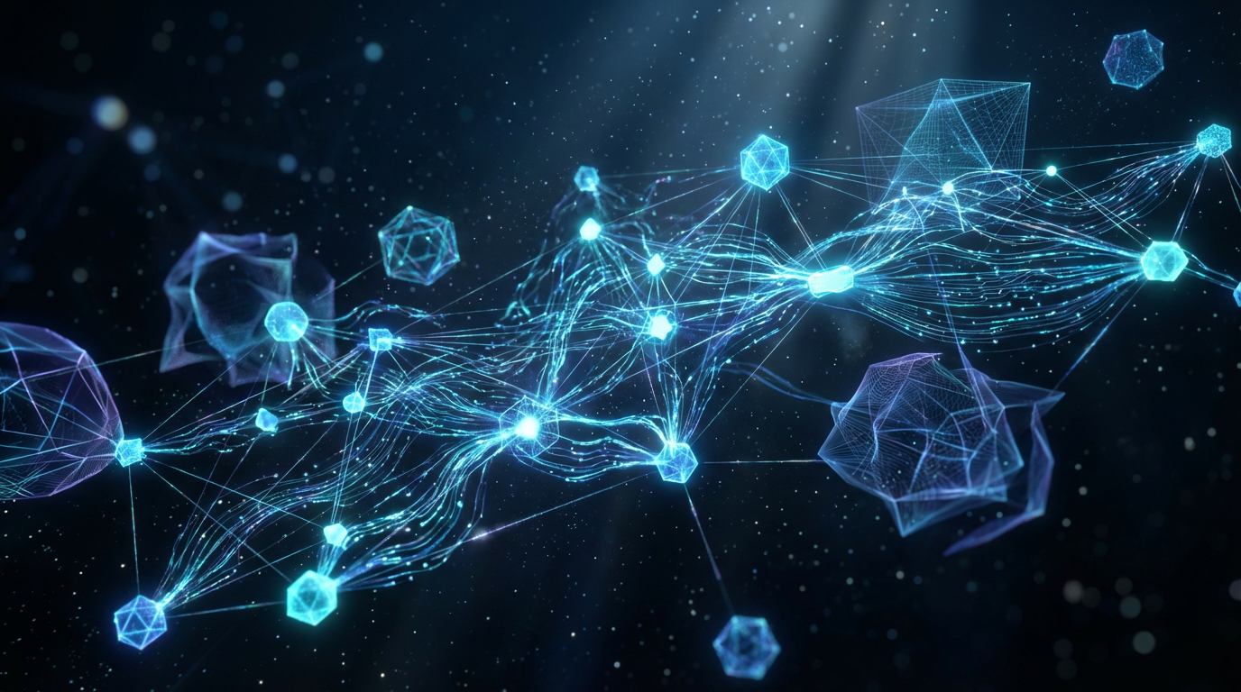 Leuchtende Netzwerk-Visualisierung mit Knoten und Linien in dunklem Blau — Studiofoto zu LLM Knowledge Graphs