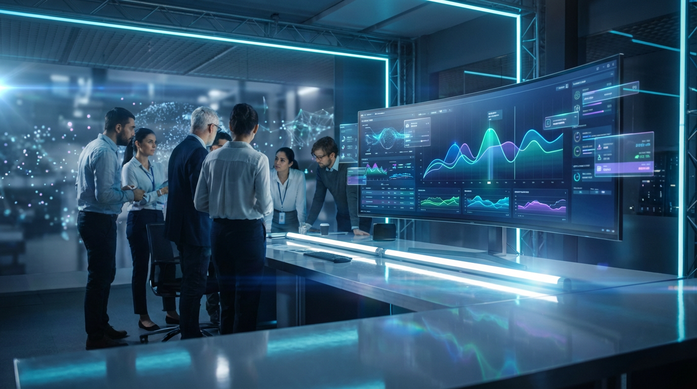 LLM SEO für Anfänger: Dashboard mit Sichtbarkeit Team arbeitet an LLM SEO für Anfänger Dashboard mit Sichtbarkeitsmetriken und Markenmentions auf großem Monitor