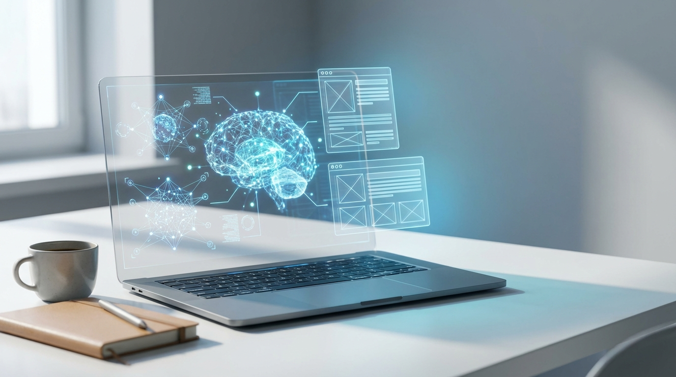 LLM SEO für Anfänger: Praxis-Tipps für Einsteiger Laptop mit AI-Chatbot und Datenvisualisierung auf sauberem Schreibtisch, ideal für LLM SEO für Anfänger