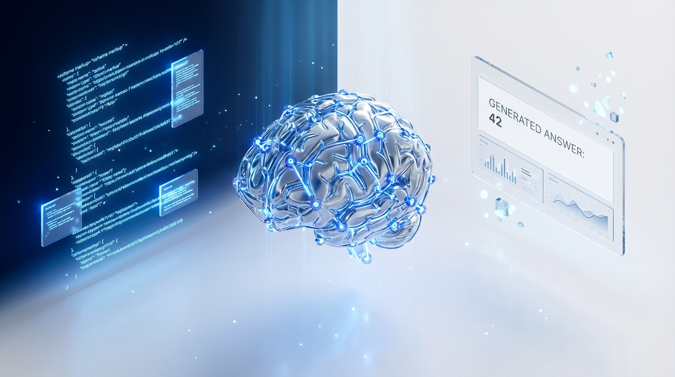 Isometrische Illustration zeigt LLM strukturierte Daten: Schema-Markup links, neuronales Netz zentral, AI-Antwort rechts.