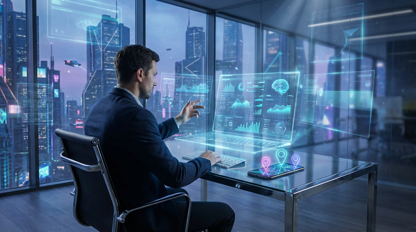 Moderner Geschäftsinhaber im Café arbeitet am Laptop mit Smartphone-Maps – Local SEO mit KI für lokale Sichtbarkeit.