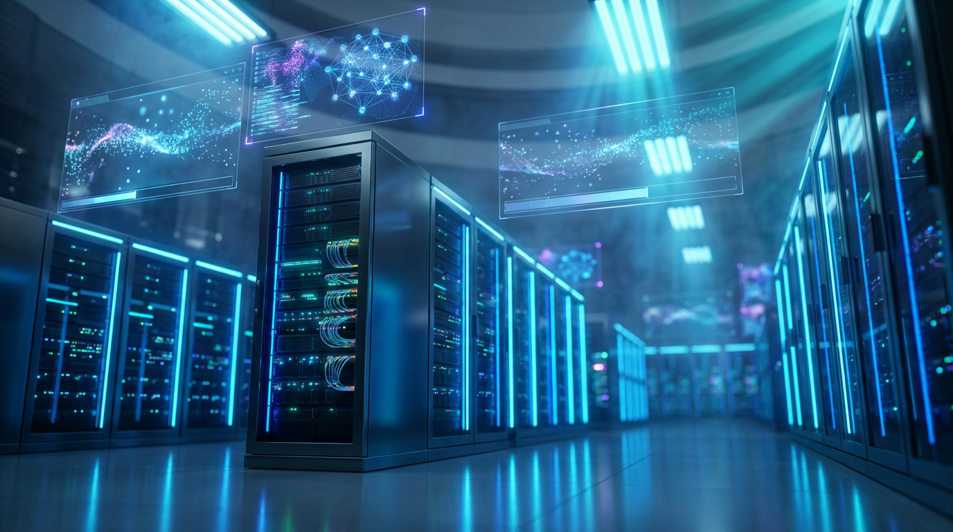 Modernes Rechenzentrum mit Servern und holografischen AI-Overlays, zeigt Markensichtbarkeit für KI durch Datenflüsse.